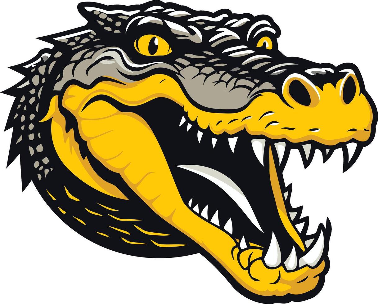 Fearsome alligator head with open mouth, sharp teeth, and yellow accents vector