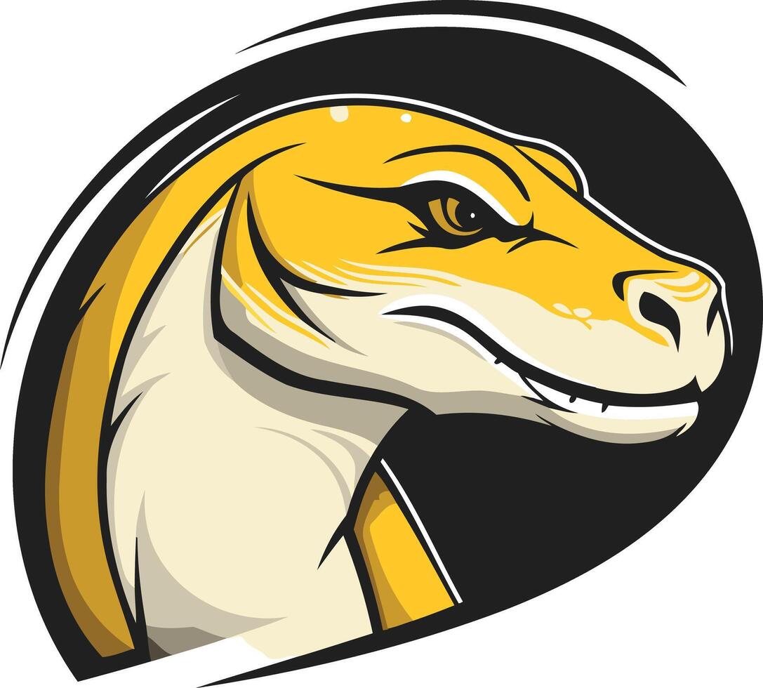 A powerful and fierce dinosaur head logo with a yellow and black color scheme vector