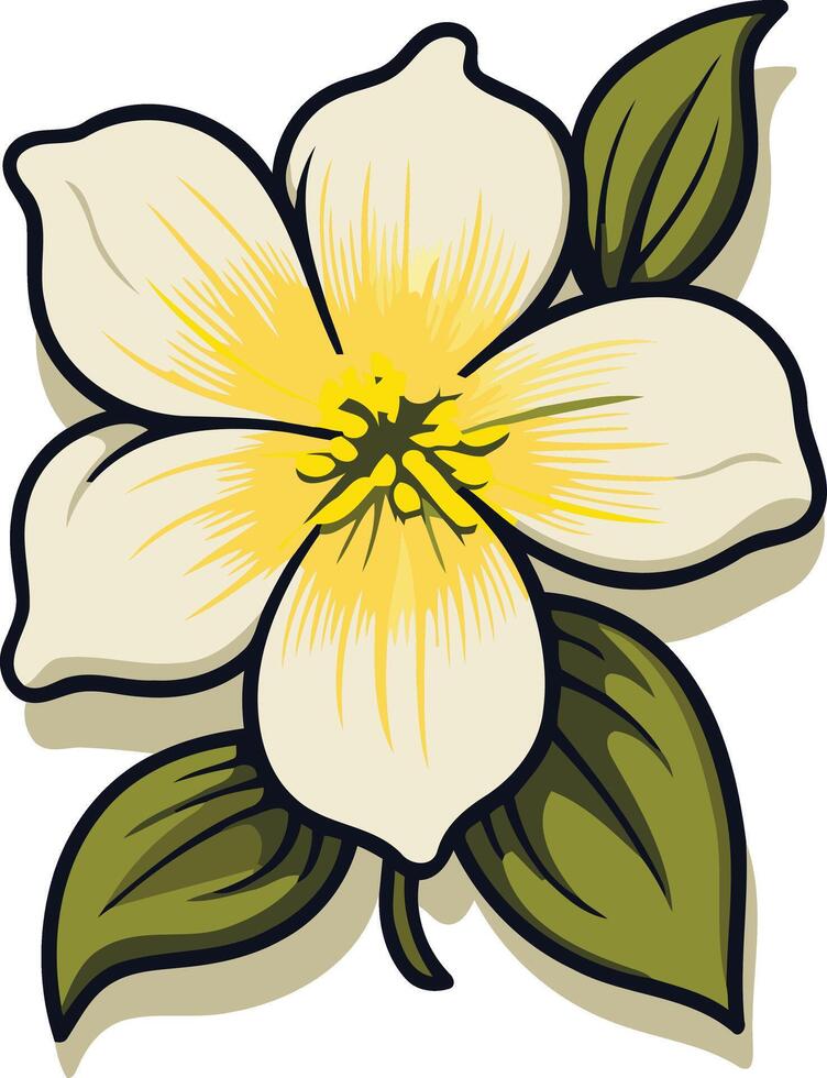 A charming illustration of a single white dogwood flower with green leaves, perfect for spring-themed designs and floral arrangements vector