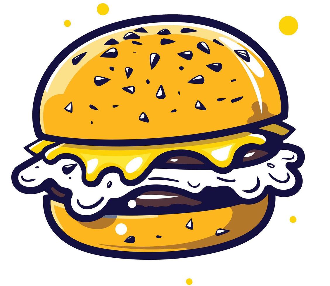 A cartoon illustration of a delicious burger with cheese, meat, and sesame seed bun vector