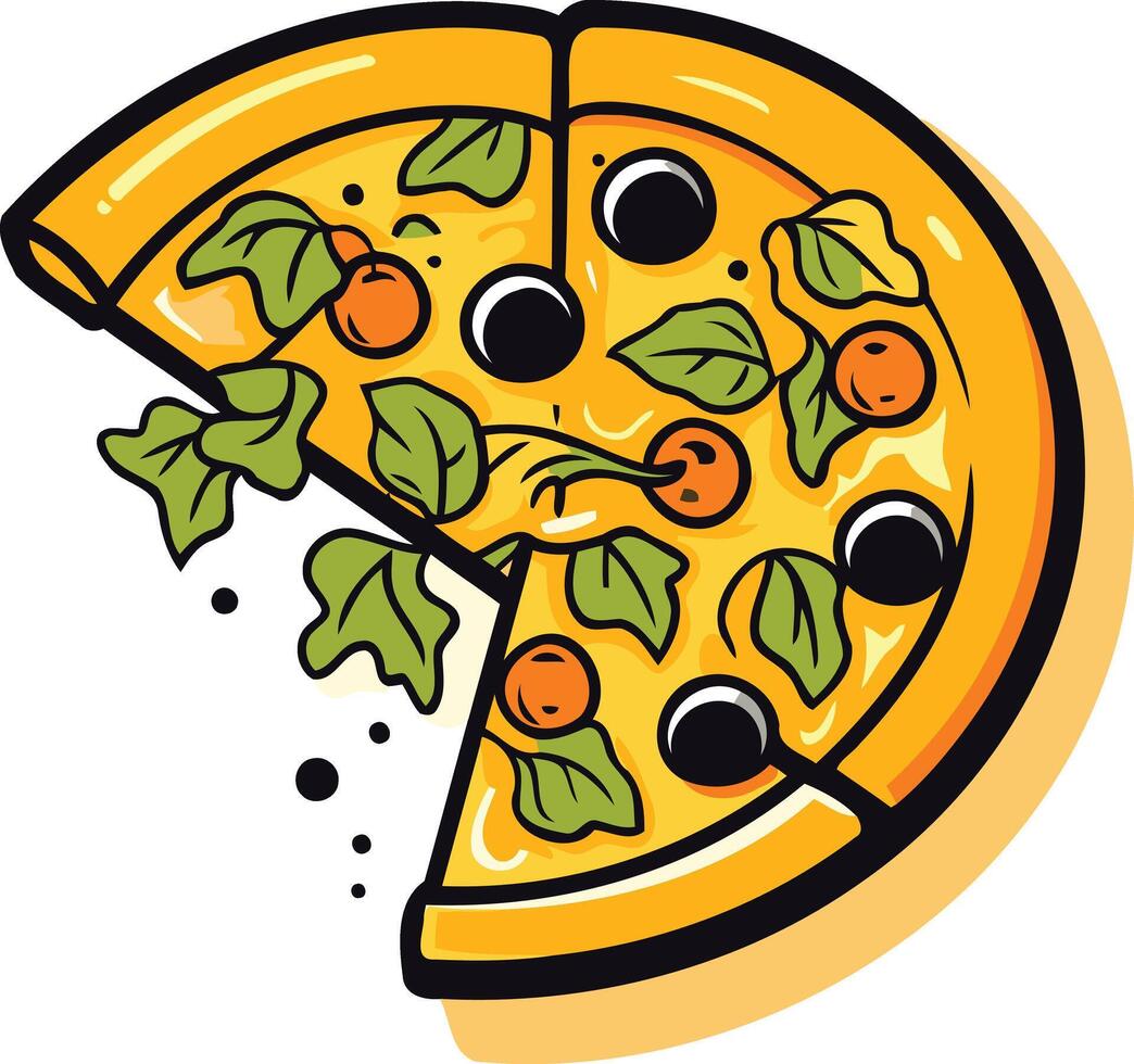 A vibrant and cartoonish illustration of a pizza slice, with toppings like olives, cheese and vegetables vector