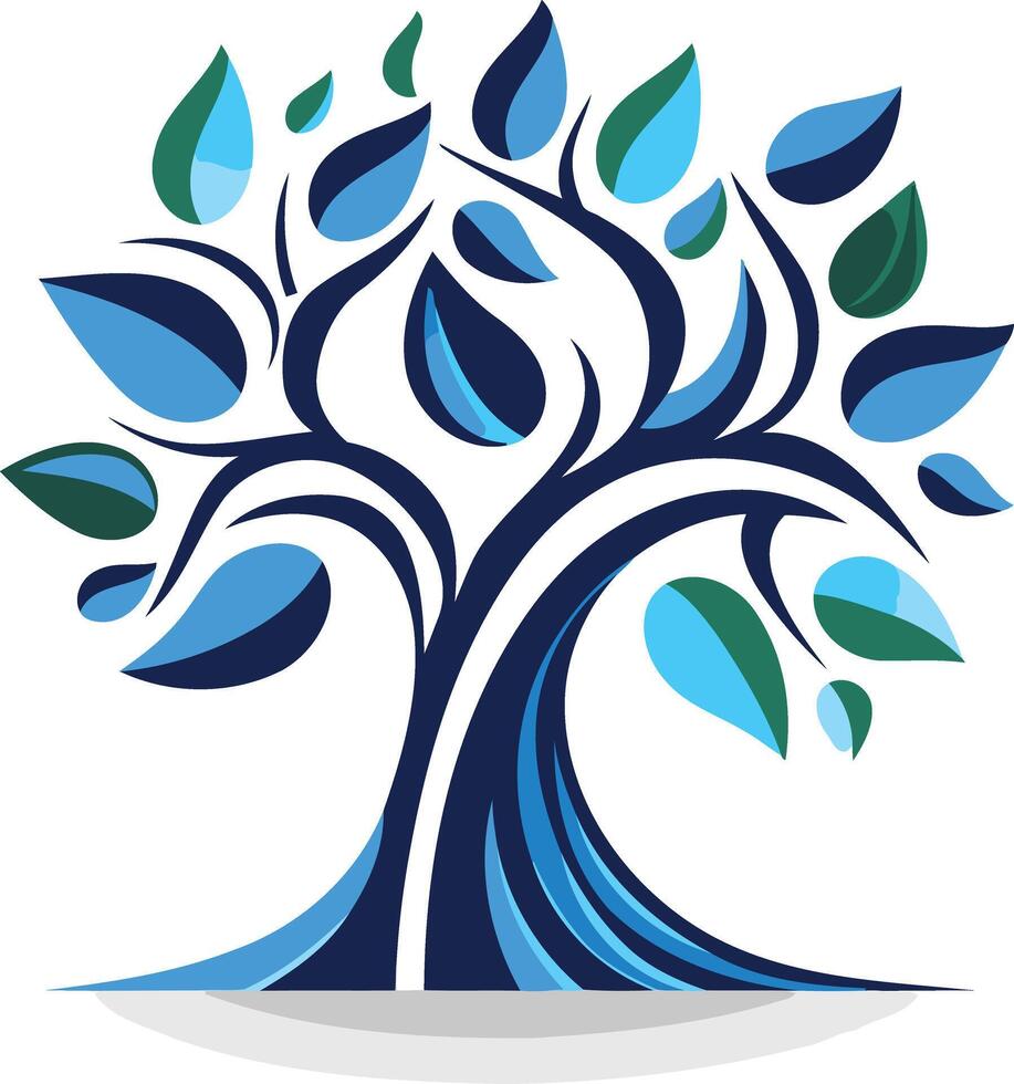 A stylized, blue and green tree design with a wave-like trunk vector