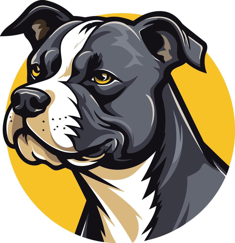 A bold and striking illustration of a black and white staffordshire bull terrier head vector