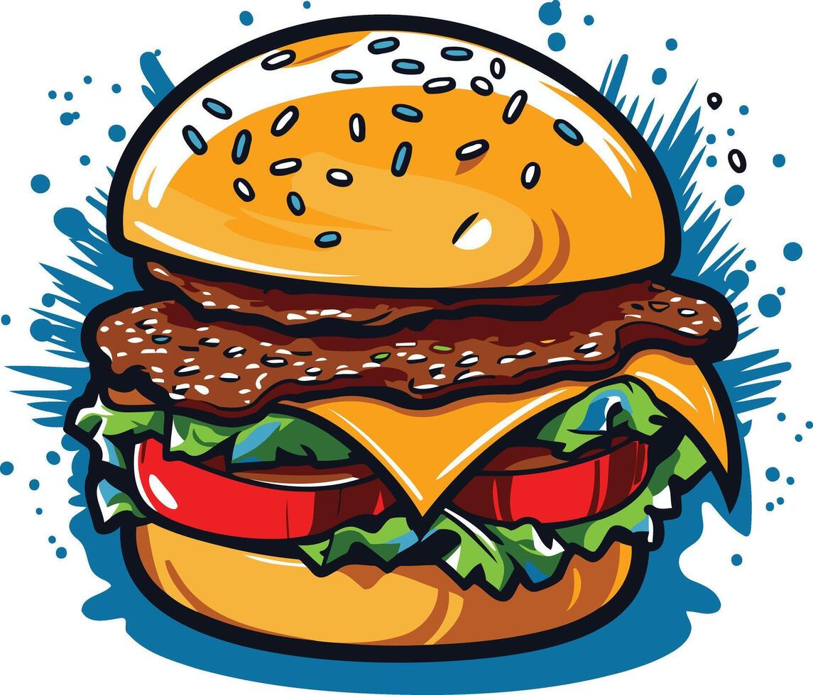 A juicy, cartoon-style hamburger with all the fixings vector