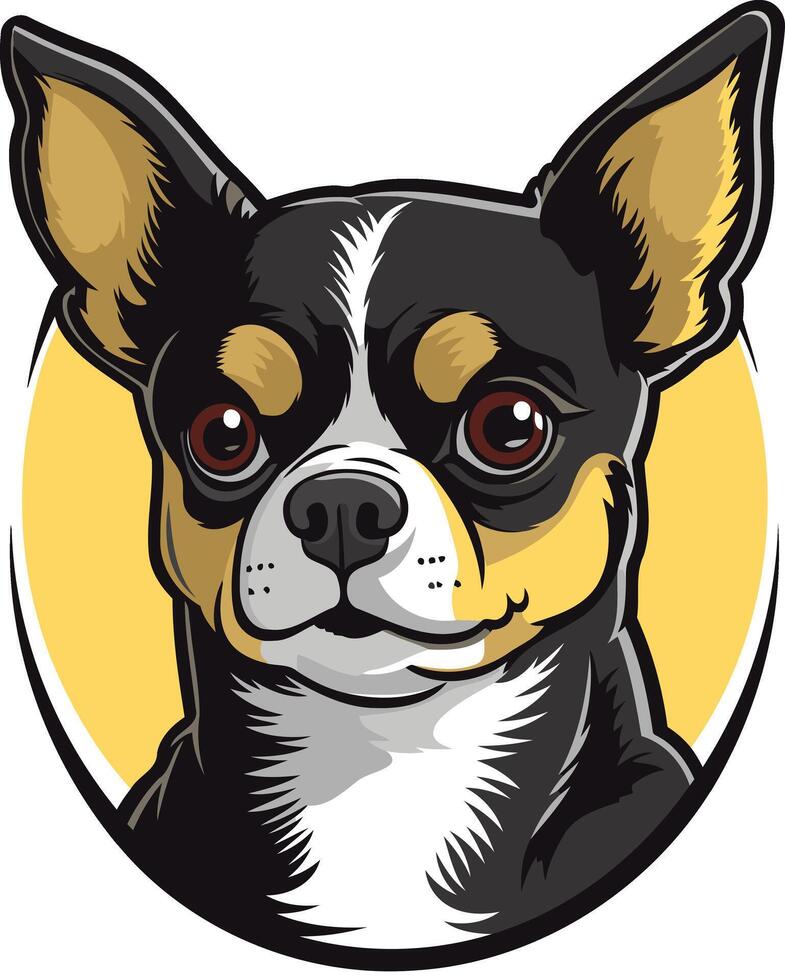 Cute cartoon chihuahua with big brown eyes, black, brown and white fur vector