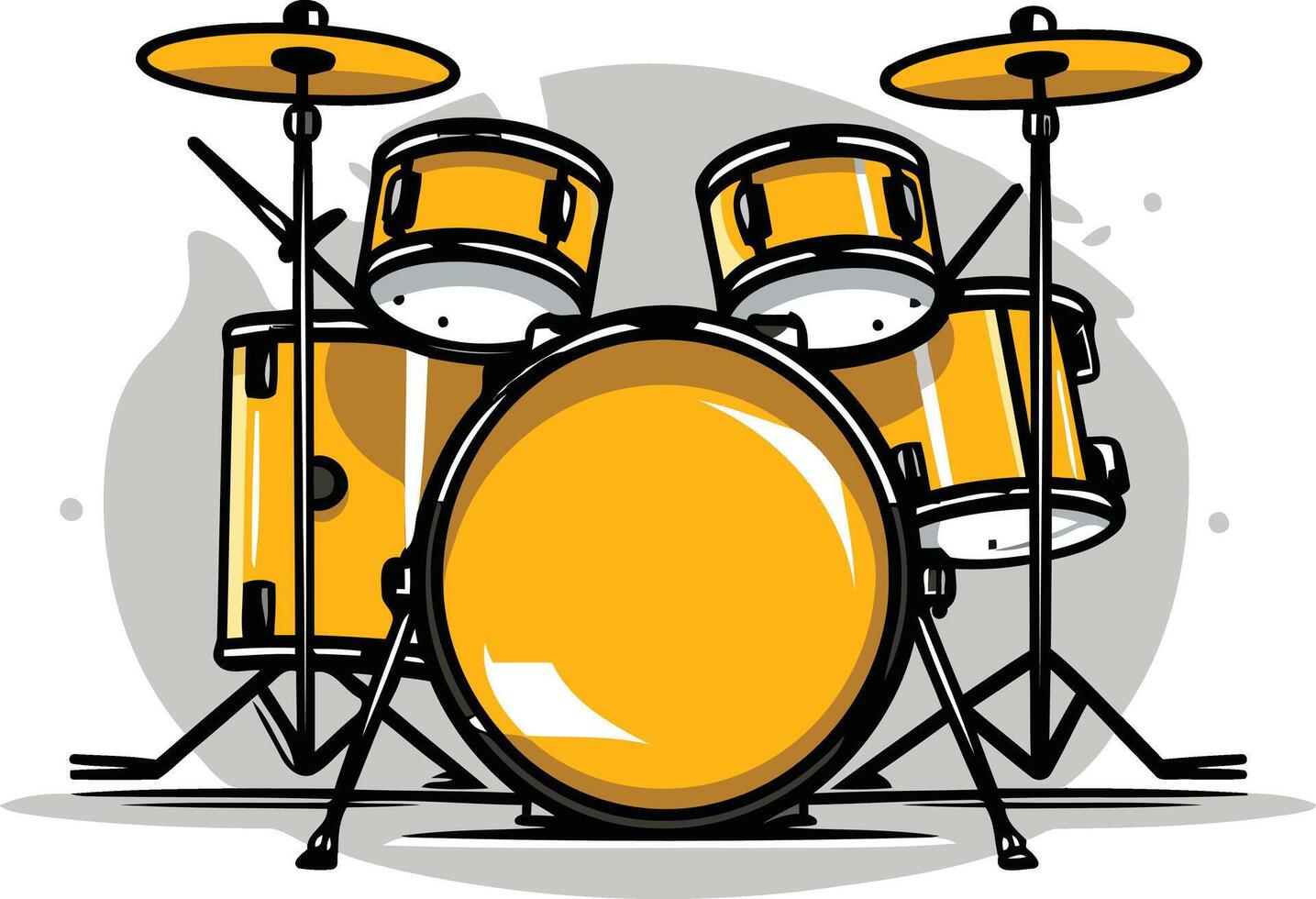 A playful cartoon illustration of a yellow drum set with cymbals vector