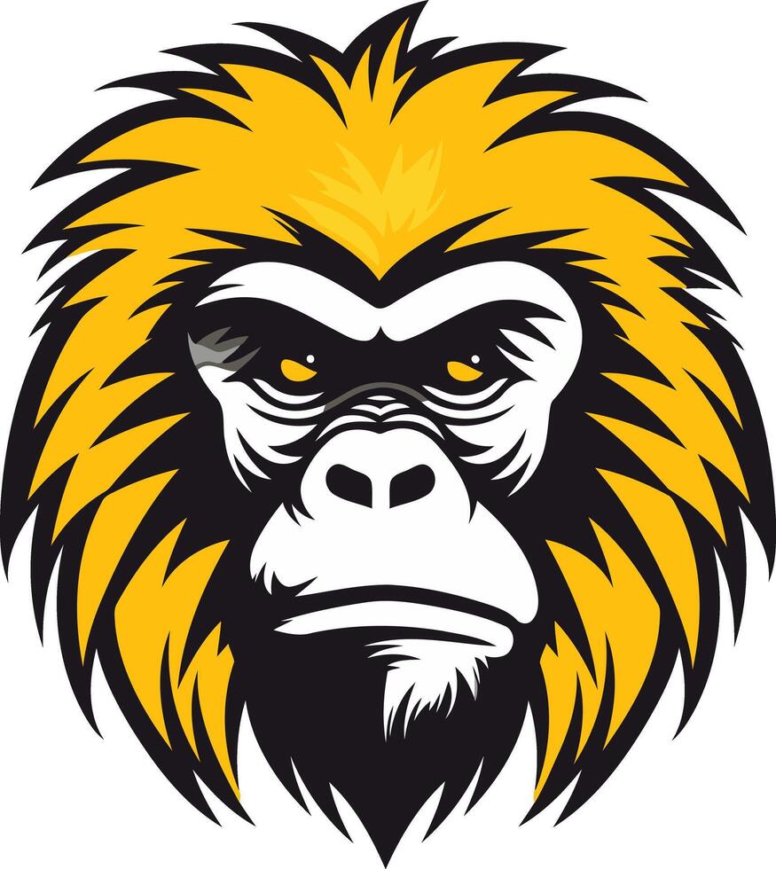 A fierce and stylized illustration of a gorilla's face, featuring bold lines and a striking yellow mane vector