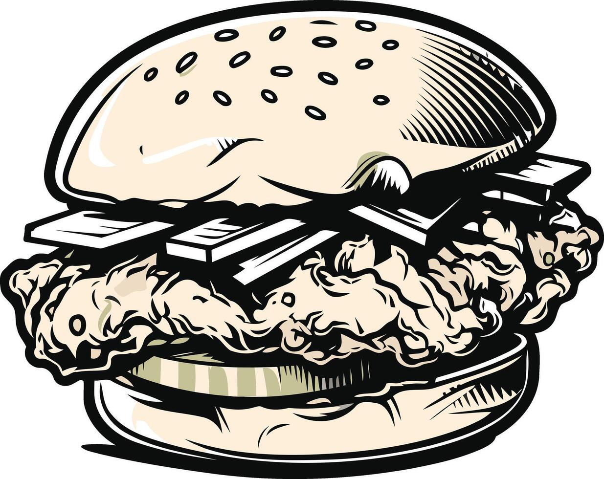 A hand-drawn illustration of a delicious-looking burger, perfect for food blogs, menus, or restaurant promotions vector