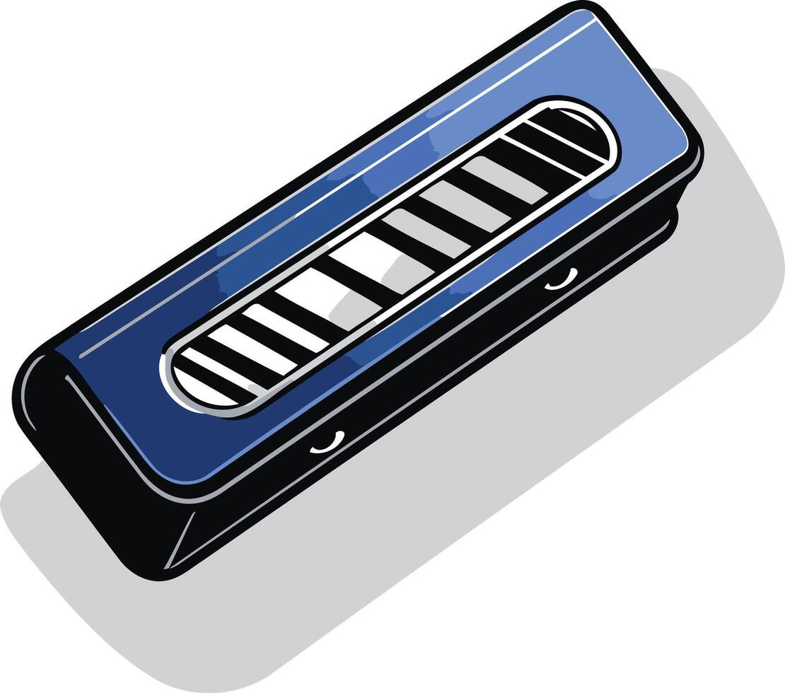 A cartoon-style illustration of a blue harmonica with black detailing, perfect for music and entertainment projects vector