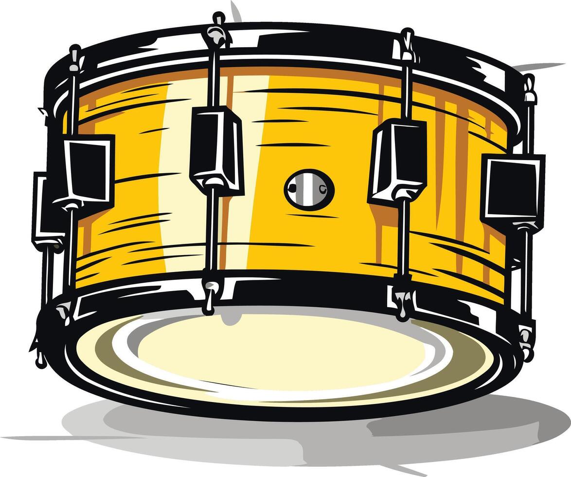 A detailed illustration of a classic yellow snare drum, perfect for music-related designs vector