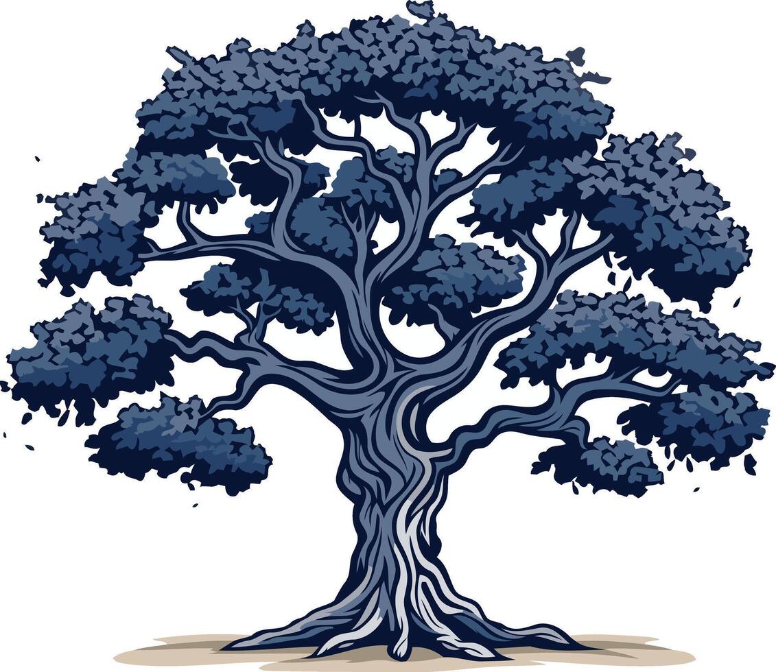 A striking illustration of a single, majestic oak tree rendered in a deep blue hue vector