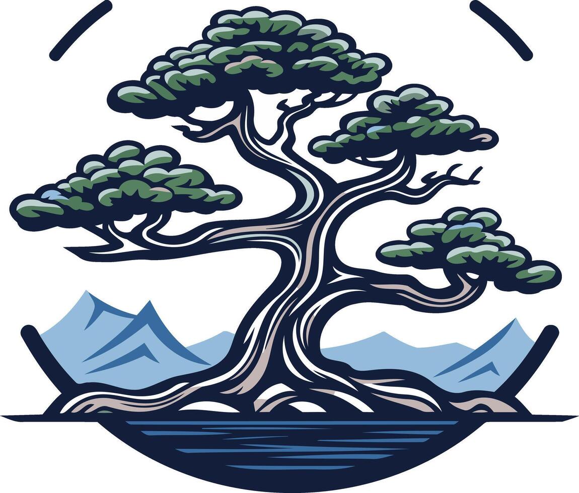 Bonsai Tree Illustration in a Circular Frame vector