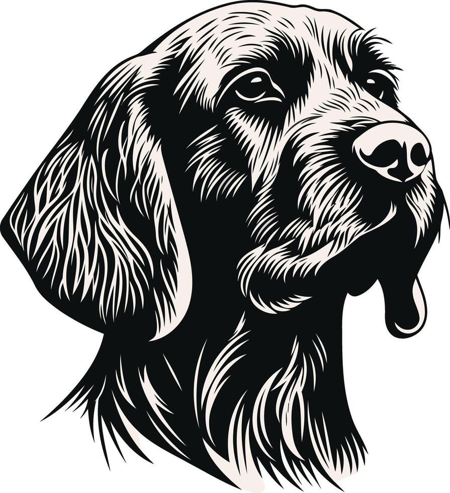 A striking black and white illustration of a dog's head, featuring detailed linework that captures its intensity vector