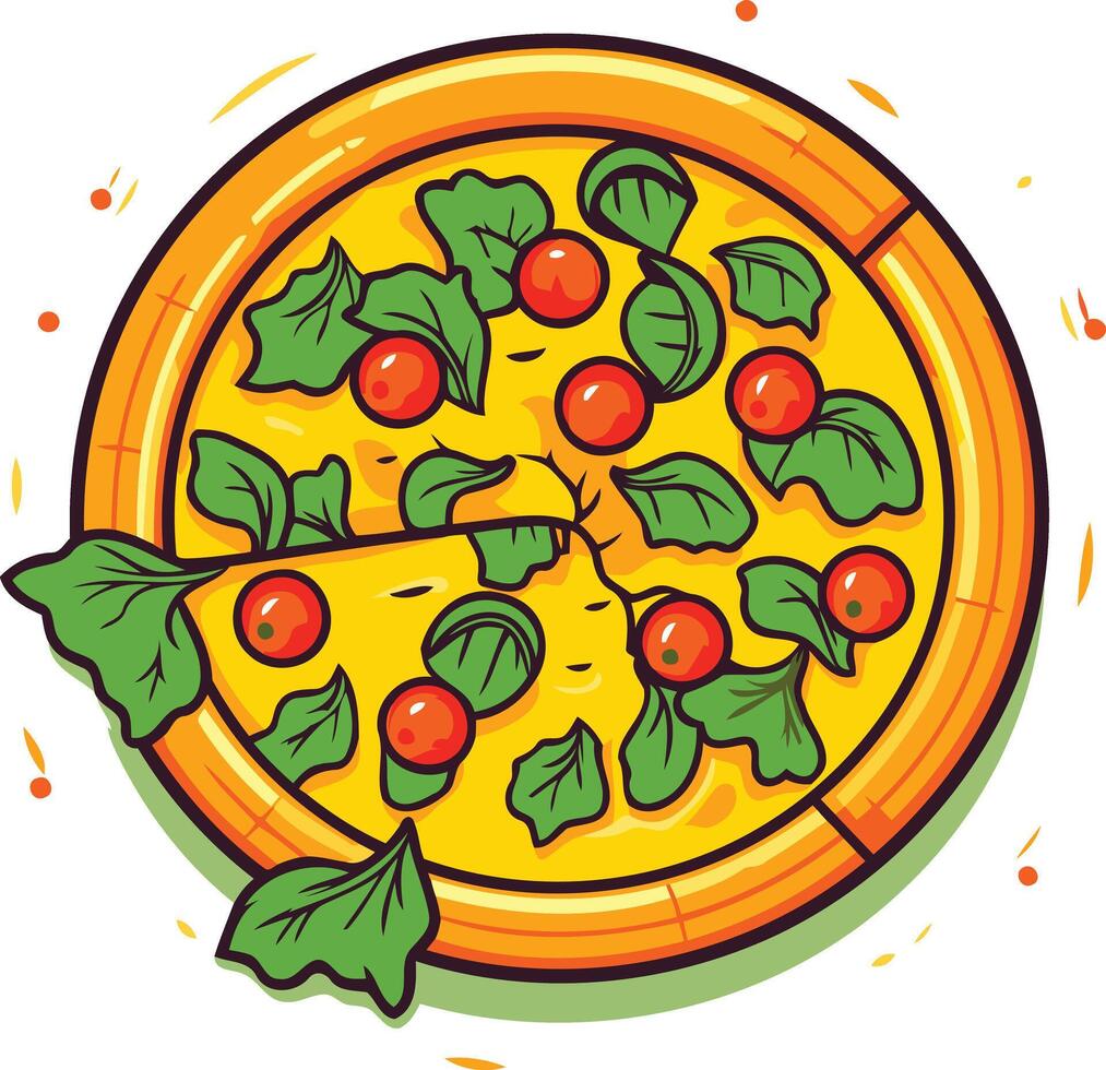 A cartoon-style pizza with a slice removed, featuring red tomatoes, green basil leaves, and a golden-brown crust vector