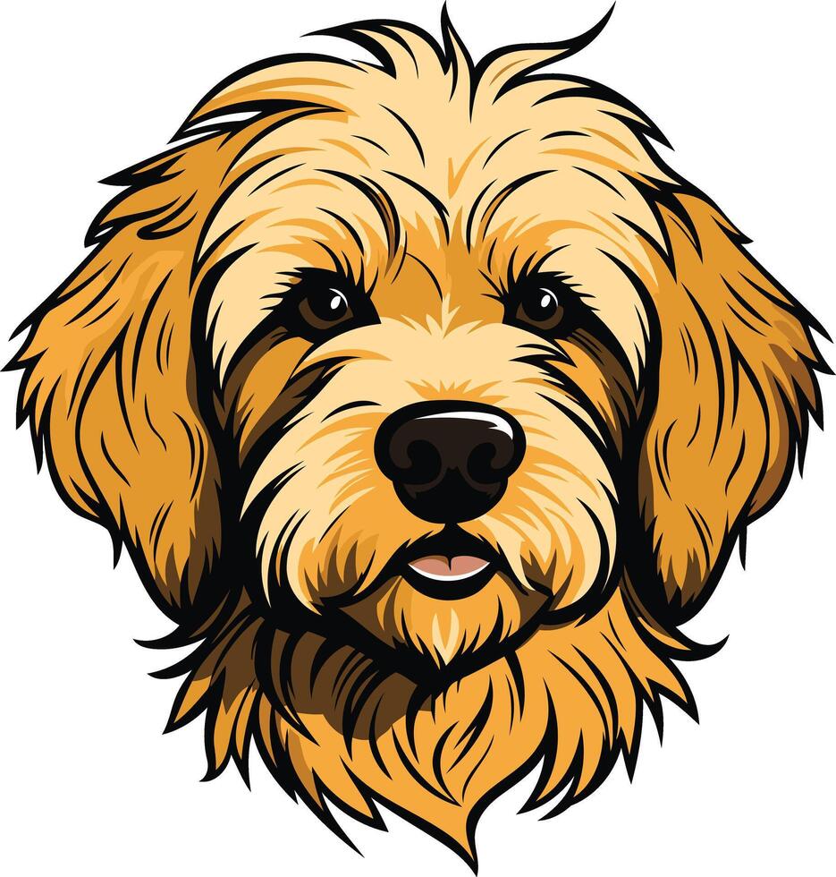 Cute cartoon illustration of a golden doodle dog with big brown eyes and a friendly face vector