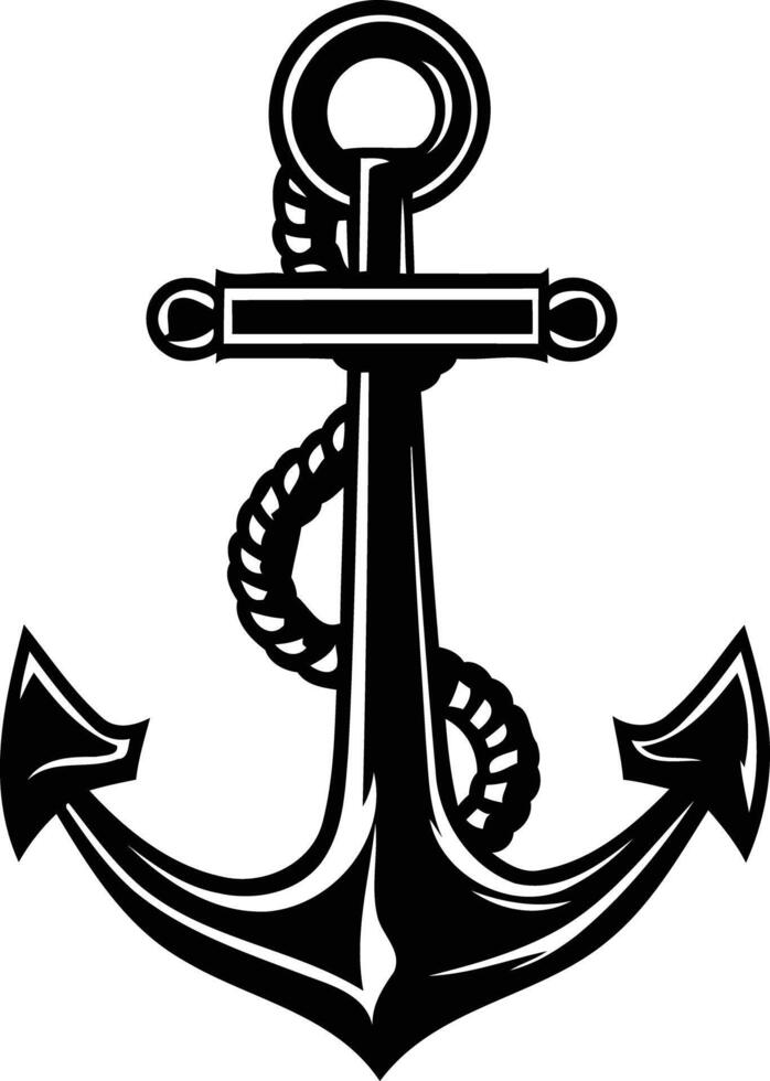 Classic black and white anchor icon with a rope detail, perfect for nautical designs, branding, and logos vector