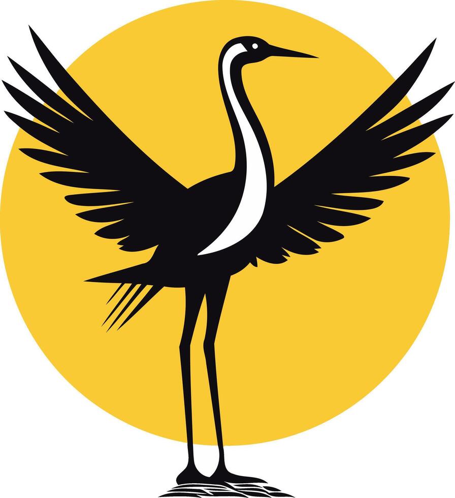 Silhouette of a Crane with Spread Wings against a Yellow Sun vector