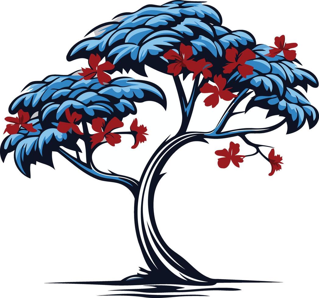 A stylized blue tree with red blossoms, perfect for branding, tattoos, or designs with a nature and zen theme vector