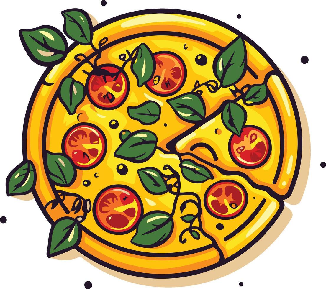A cartoon illustration of a delicious pizza with a slice removed, perfect for showcasing pizza menus, food blogs, or social media posts vector