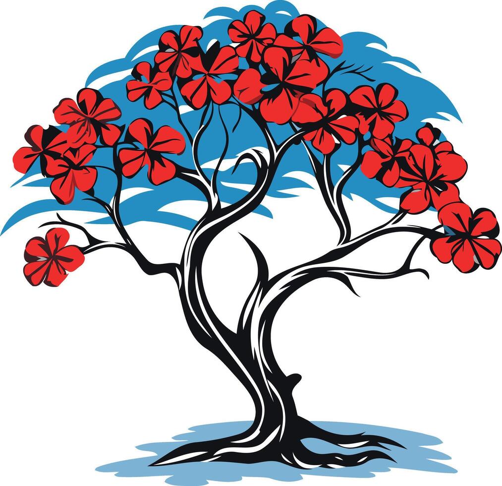 A stylized tree with red flowers and a blue sky background vector