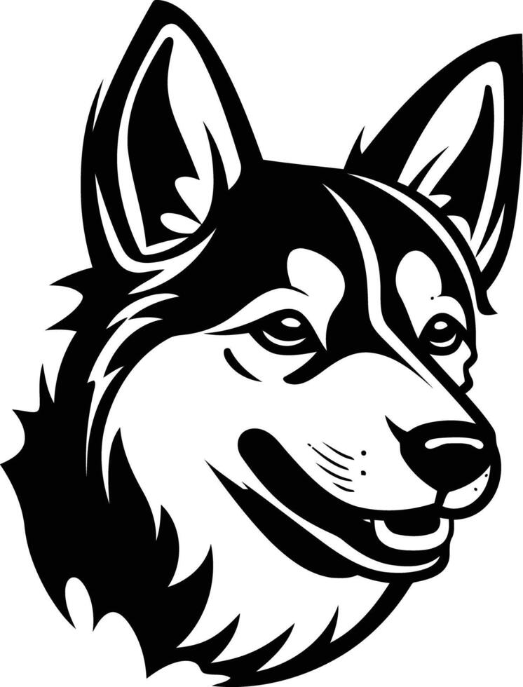 A striking black and white silhouette of a husky dog head, perfect for logo designs, t-shirts, and branding projects vector