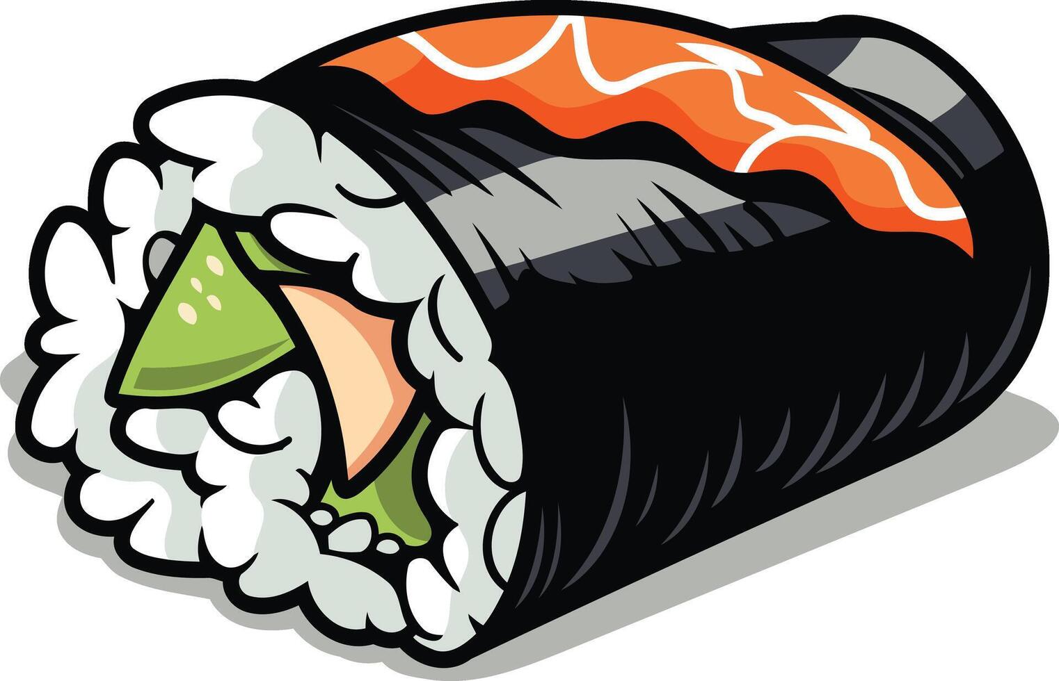 A cartoon illustration of a delicious sushi roll with salmon, avocado, and rice vector