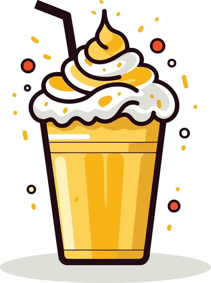 Cute cartoon illustration of a yellow smoothie with whipped cream and a straw, perfect for branding, menus, and social media posts vector