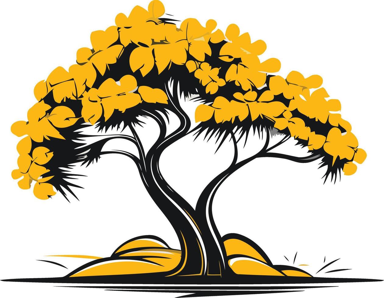A stylized illustration of a tree with yellow foliage and a bold black silhouette vector