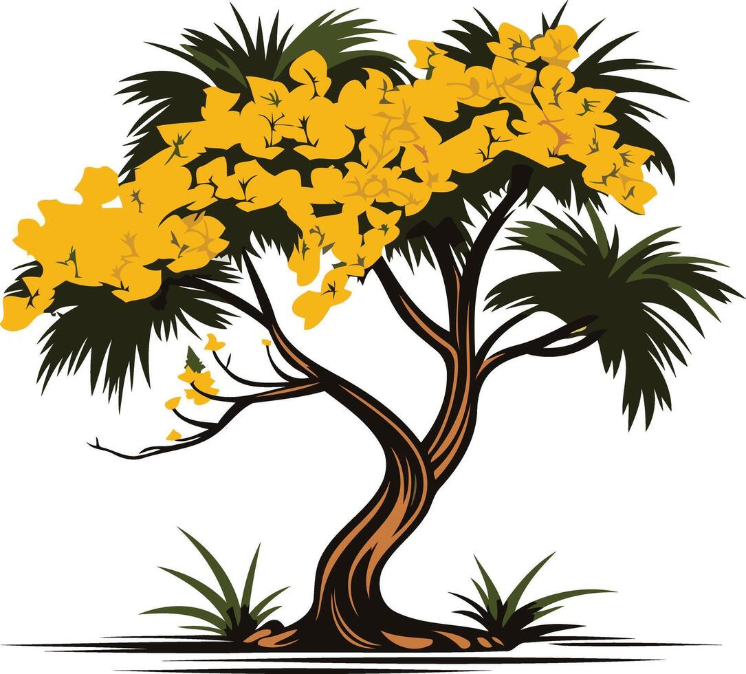 A vibrant illustration of a tree with yellow blossoms, perfect for nature-themed designs, branding, and website elements vector