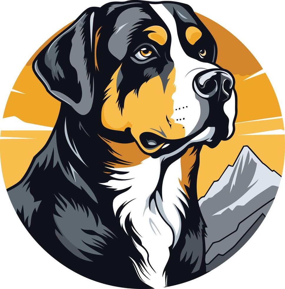 A striking illustration of a bernese mountain dog, captured in profile against a sunset backdrop vector