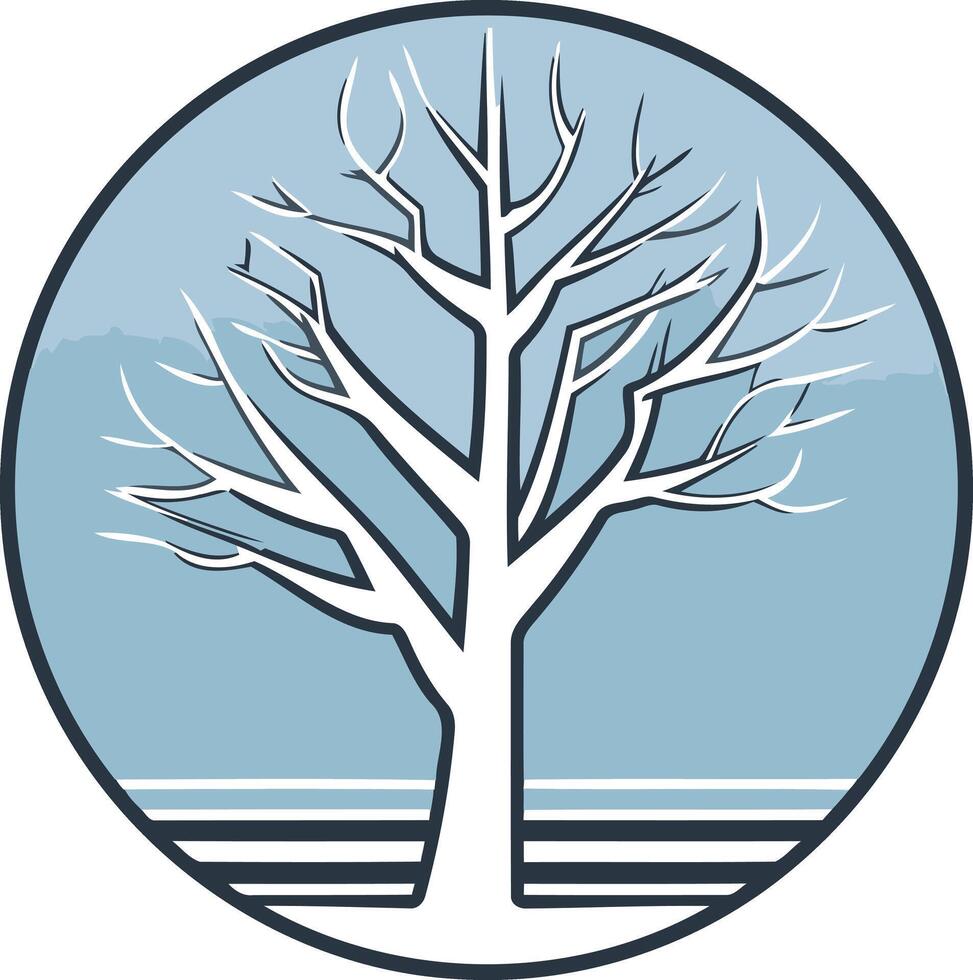A minimalist circular logo design featuring a stylized white tree with bare branches against a soft blue background, conveying a sense of tranquility and resilience vector