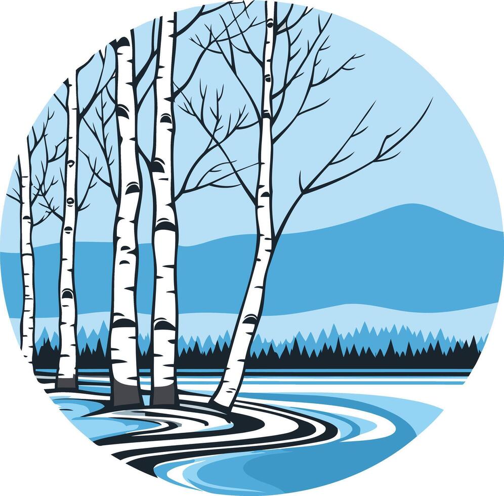 A circular illustration featuring a serene winter scene of birch trees silhouetted against a blue sky and mountains vector