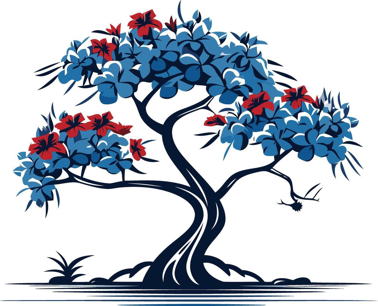 Blue and Red Bonsai Tree Illustration vector