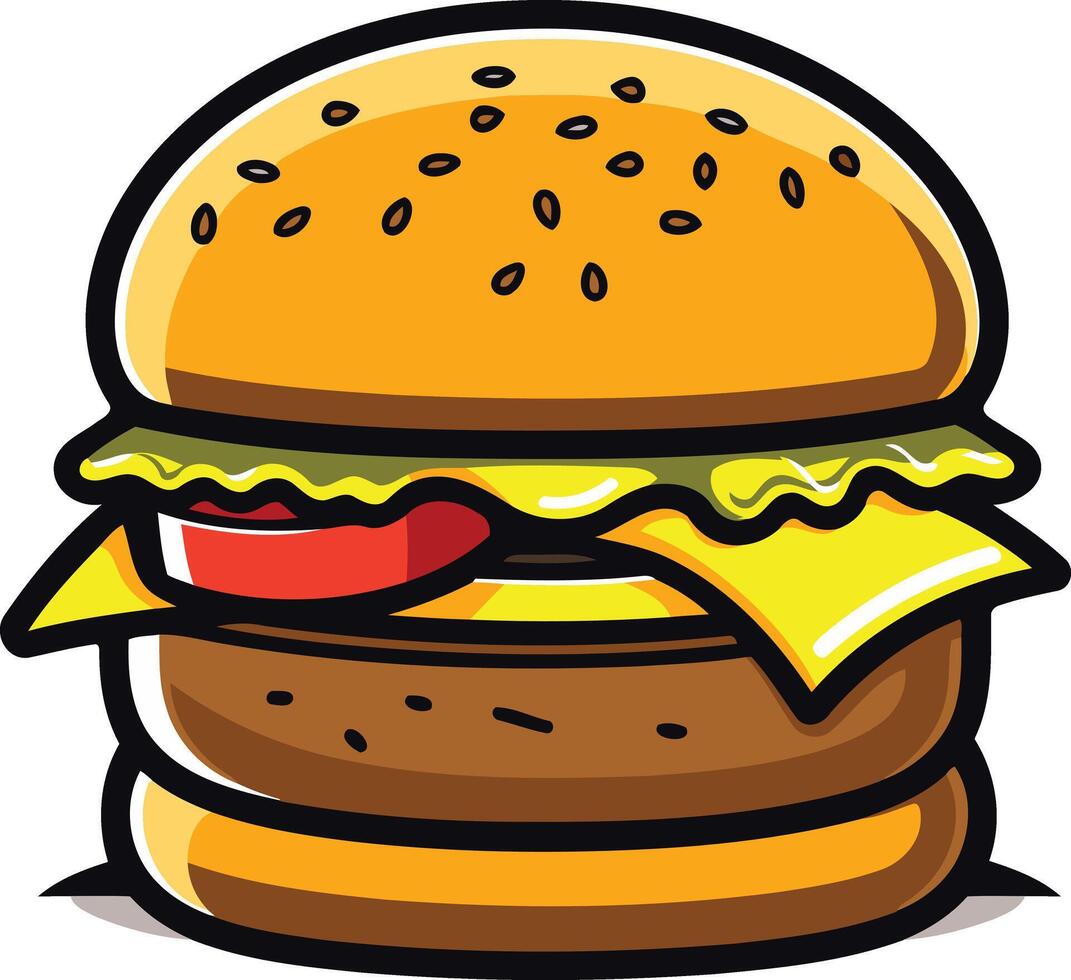 A cartoon illustration of a delicious, juicy hamburger with sesame seed bun, cheese, lettuce, and tomato vector