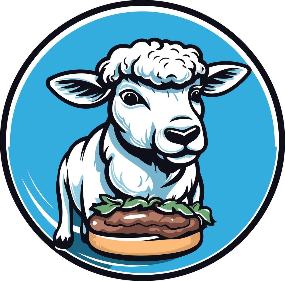 A cute cartoon lamb sits with a friendly expression, enjoying a juicy burger vector