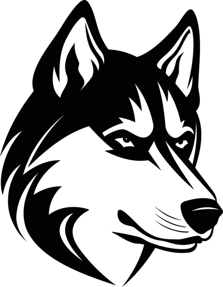 A striking black and white illustration of a husky's head, perfect for use as a logo or mascot vector