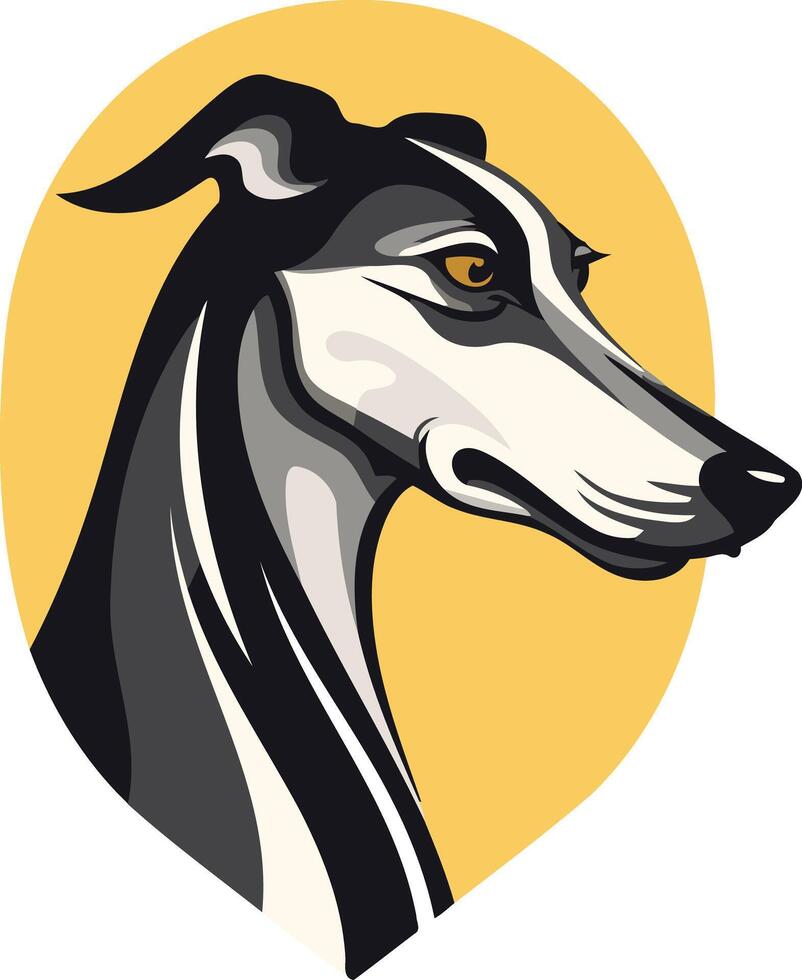A stylized illustration of a greyhound dog's head in a yellow circle, perfect for logos, branding, and pet-related designs vector