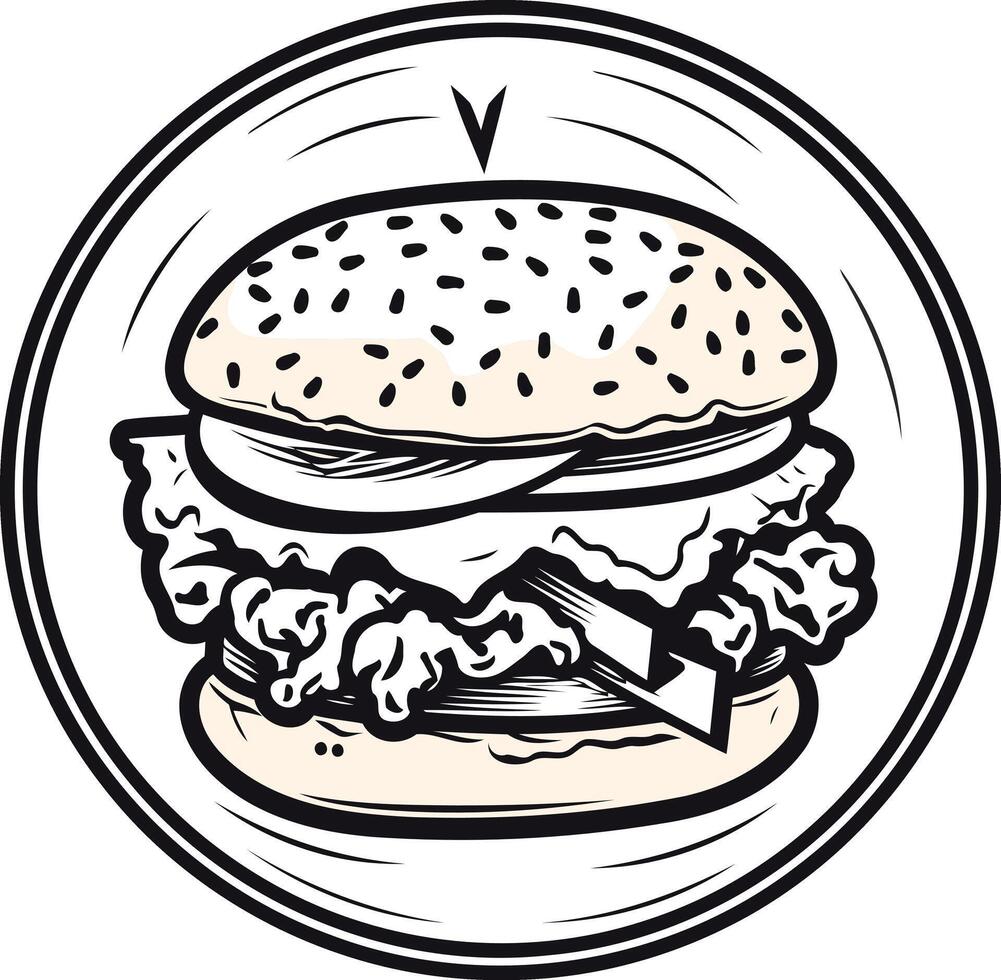 A classic, hand-drawn illustration of a juicy burger with all the fixings, perfect for adding a retro feel to your food beverage designs vector