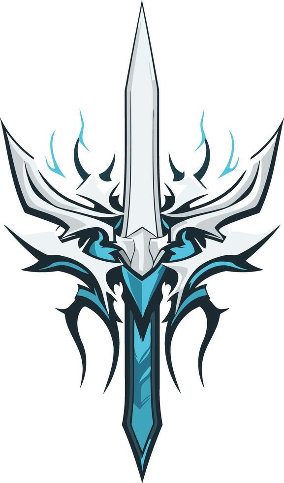 A striking, abstract logo design featuring a stylized sword with intricate, tribal-inspired details vector