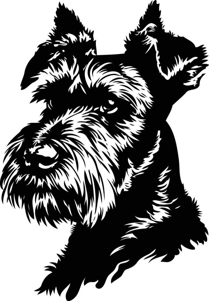 A striking black and white silhouette of a miniature schnauzer, capturing its iconic facial features and spirited personality vector
