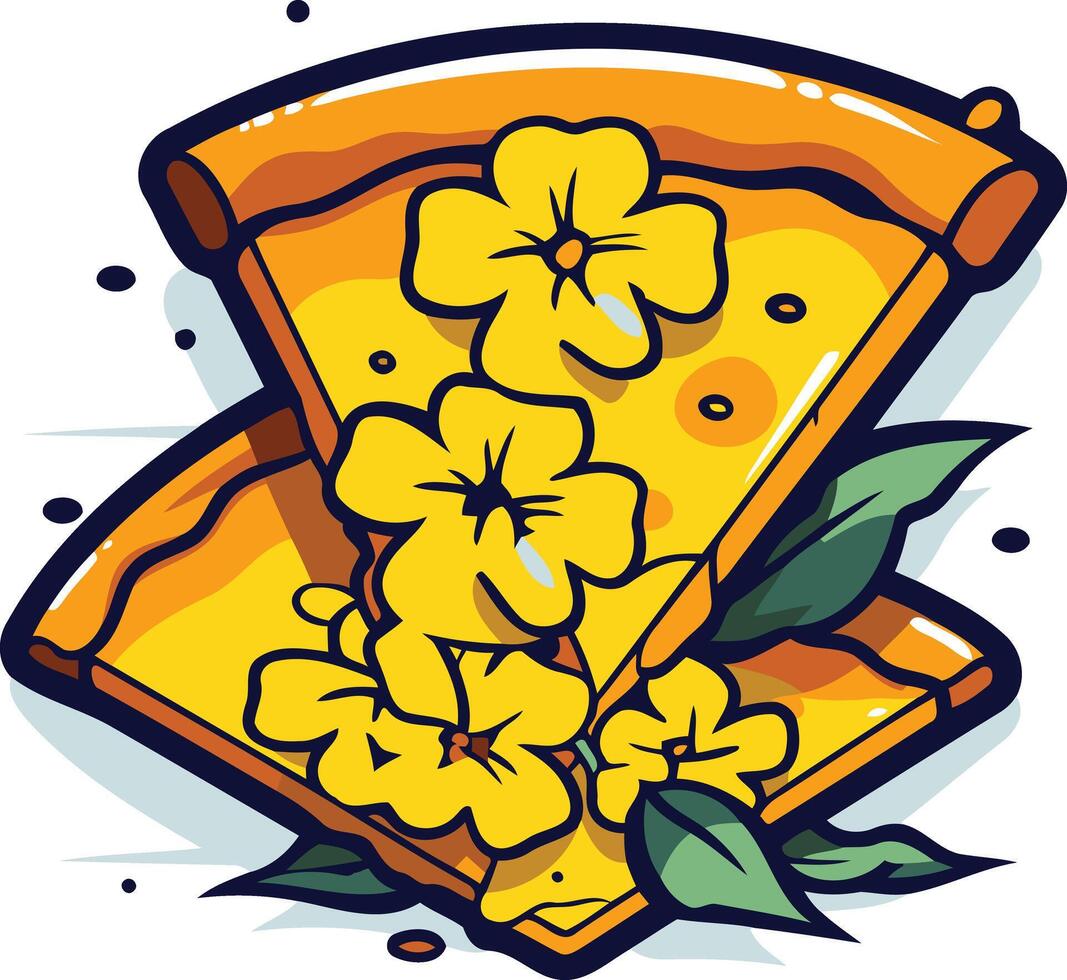 A fun and vibrant illustration of a pizza slice with flowers, perfect for food-related designs, branding, and social media vector