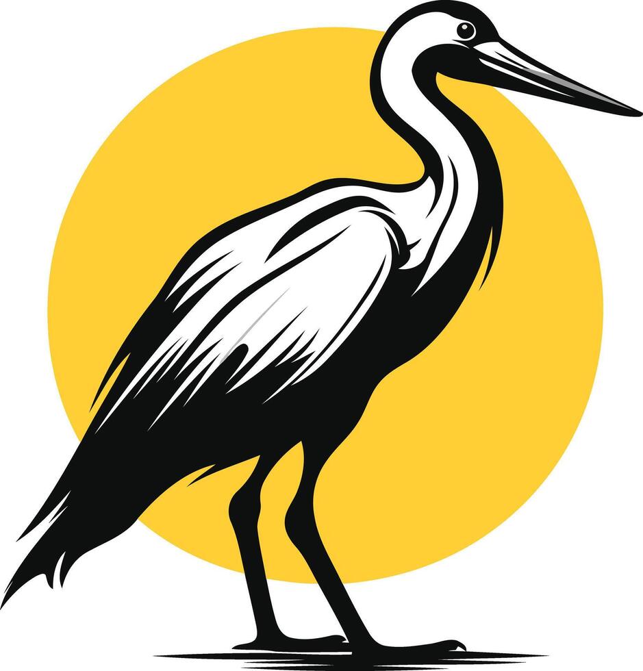 A striking black and white illustration of a heron standing in front of a yellow sun vector