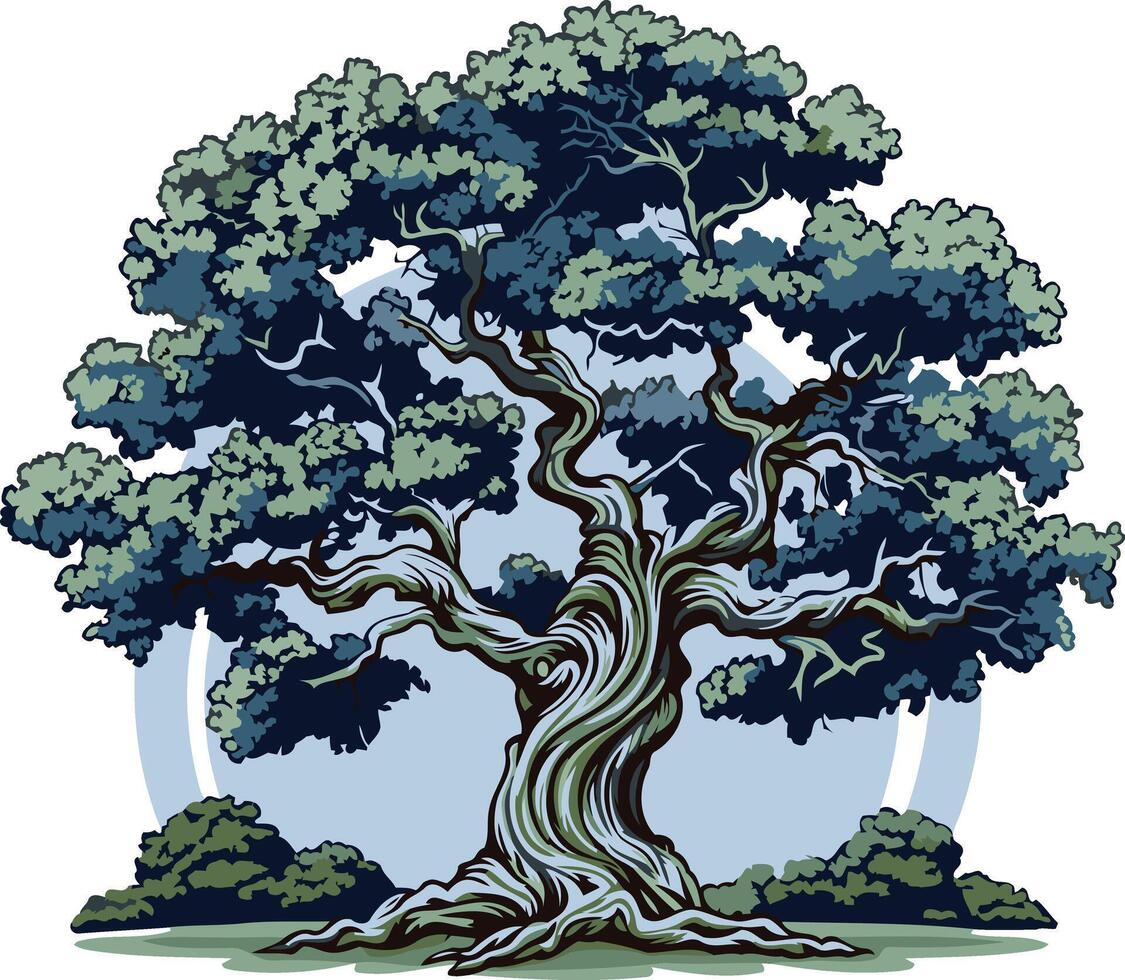 Ancient Tree Illustration in Blue and Green Hues vector