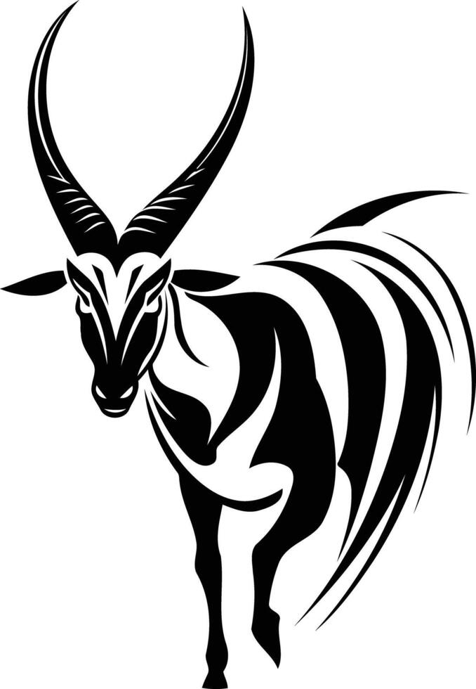 A bold, black and white silhouette of a stylized goat with distinctive horns vector
