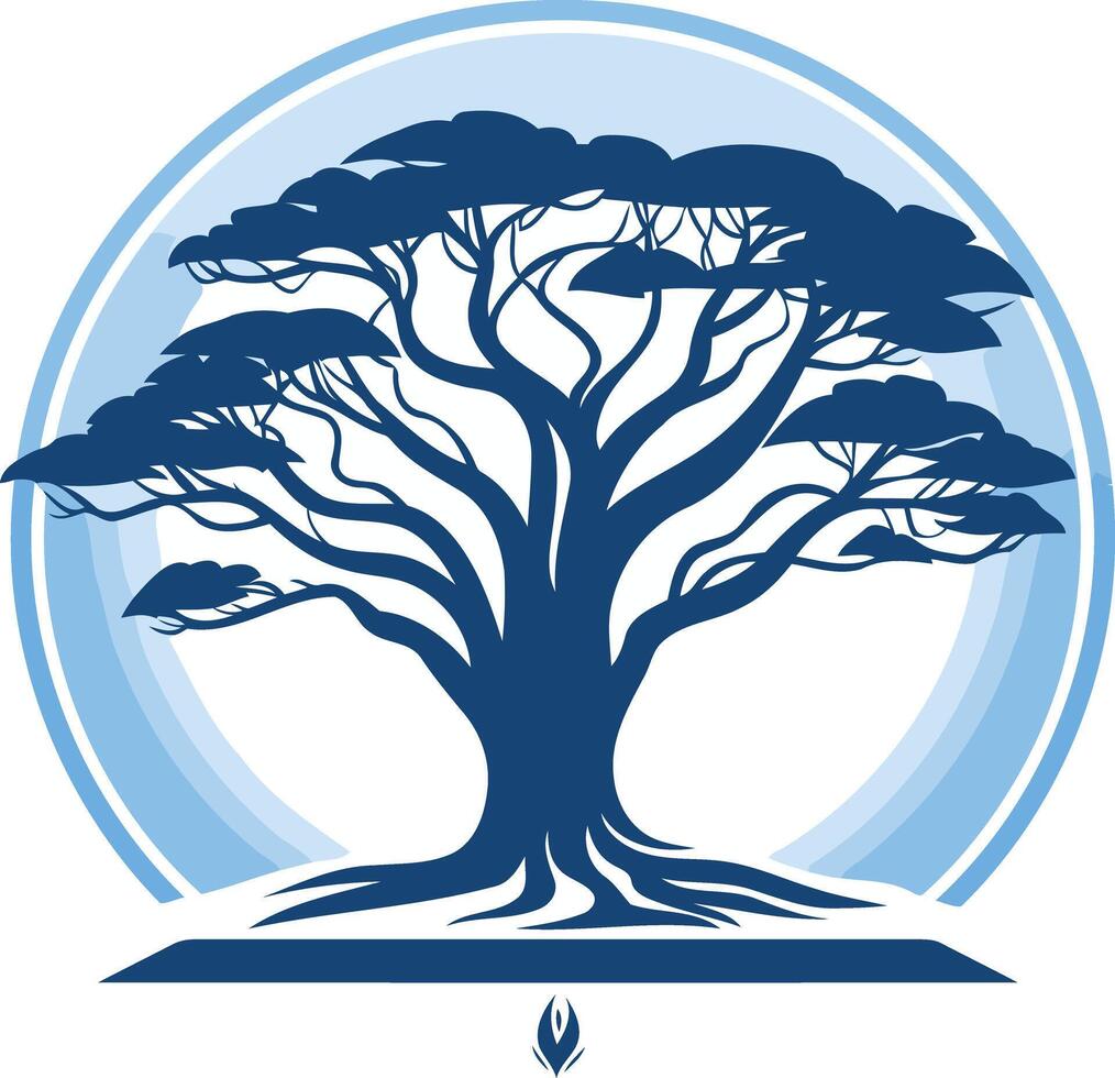 A stylized blue tree silhouette with intricate branches, set against a soft blue circular background vector
