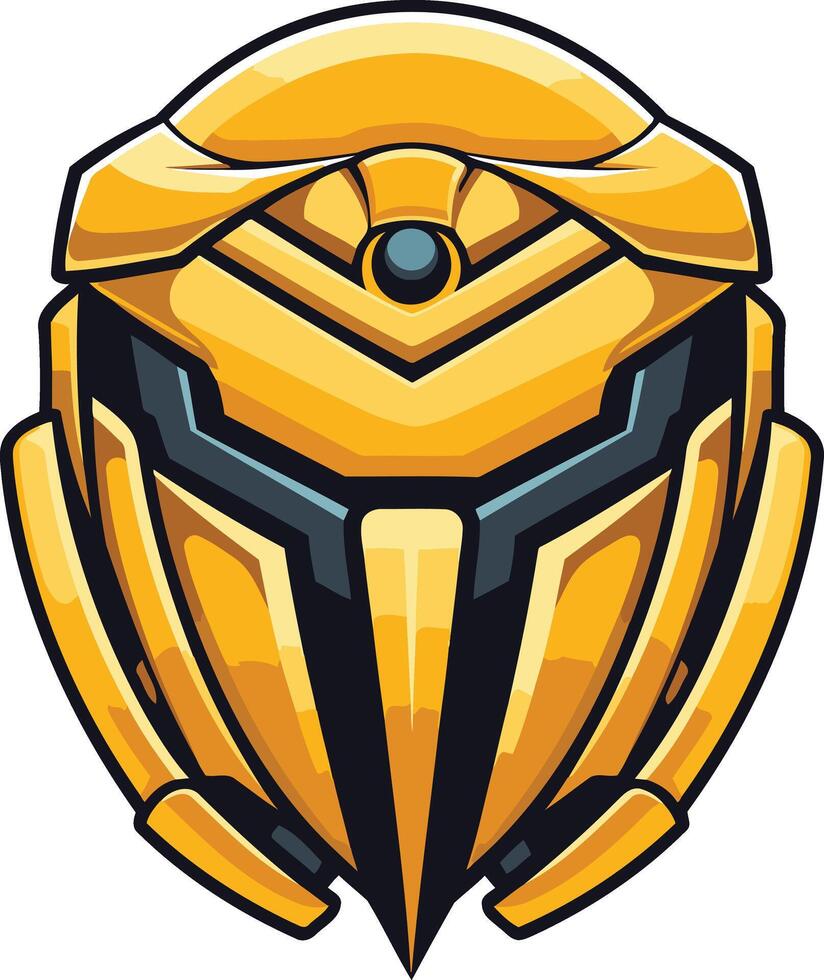 A fierce and futuristic robot head, rendered in a bold, cartoon style vector