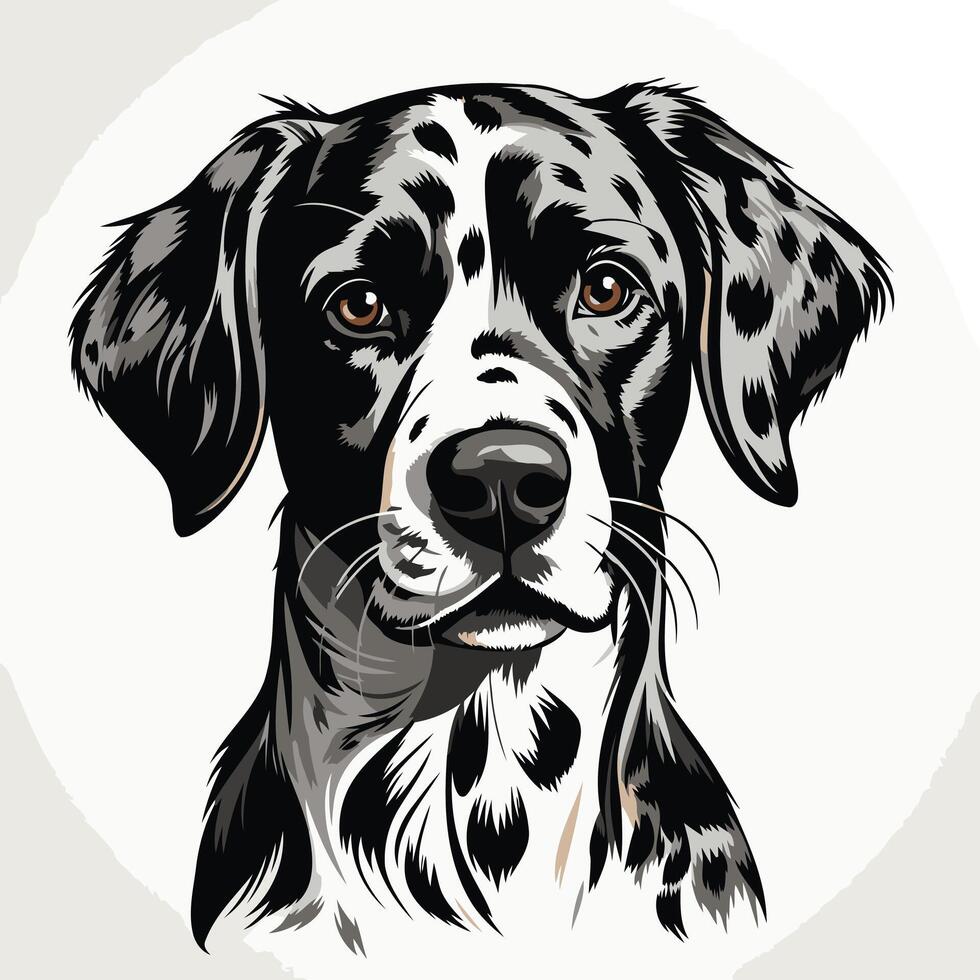 A striking black and white illustration of a dalmatian's head, capturing its playful and loyal nature vector