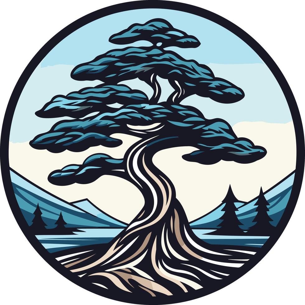 A stylized illustration of a bonsai tree with a winding trunk, set against a blue mountain landscape vector