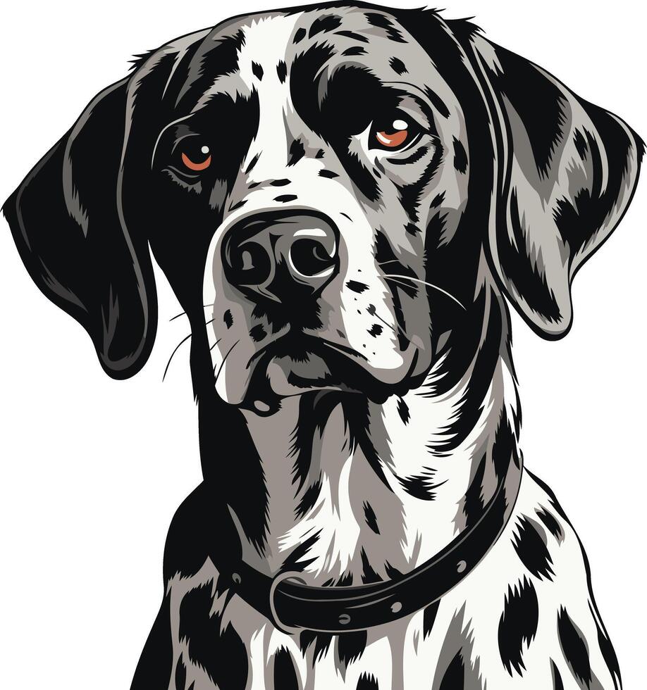 A detailed, black and white illustration of a dalmatian dog's head with a collar, looking directly at the viewer vector
