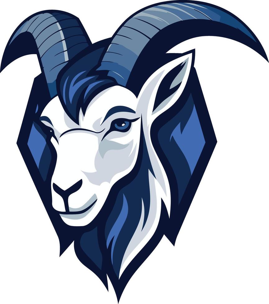A bold and powerful mascot logo featuring a stylized goat head with blue horns and a white face vector